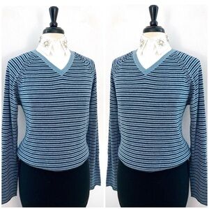 Autumn Cashmere Sweater Academia Collegiate Pullover V-neck Striped Blue Small